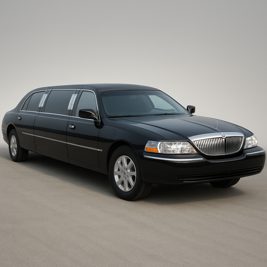 Sleek black stretch limousine parked at an angle on a smooth surface with chrome accents and tinted windows
