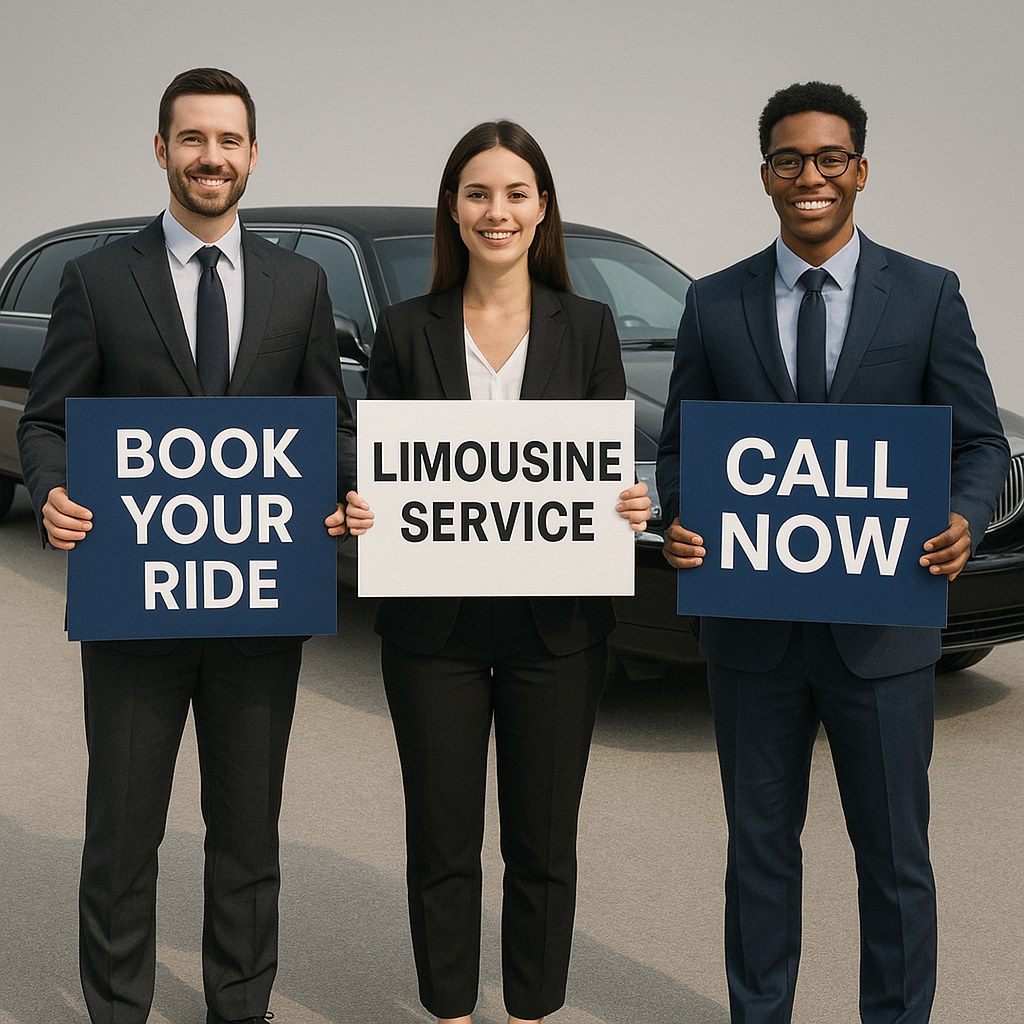 Three business professionals standing in front of a black limousine holding marketing signs promoting limousine service