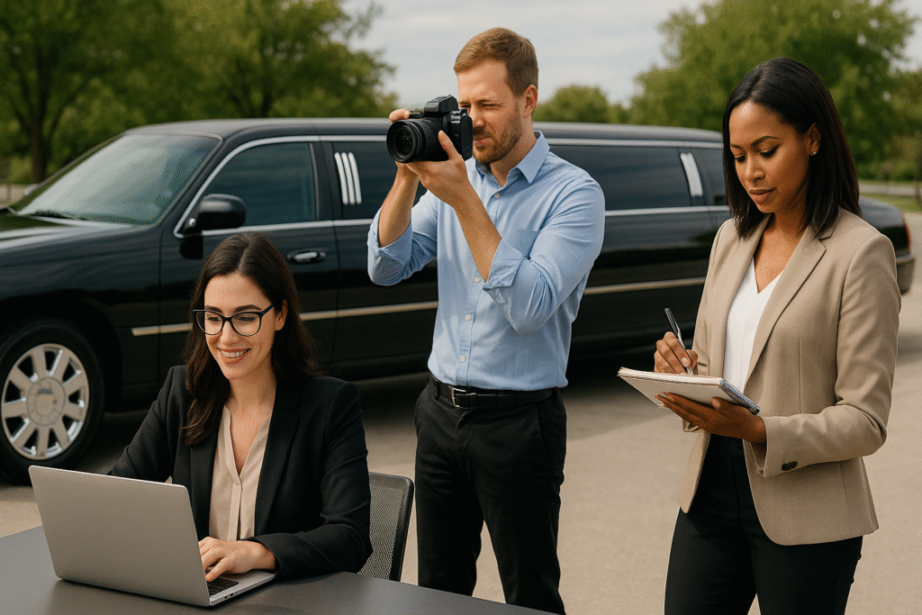 Three marketing professionals working near a black stretch limousine, one using a laptop, another taking photos, and the third writing notes